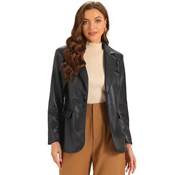 Faux Leather Blazer For Women's Lapel Collar Pu Moto Biker Jackets