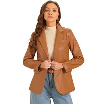 Faux Leather Blazer For Women's Lapel Collar Pu Moto Biker Jackets