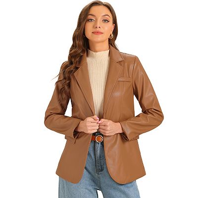 Faux Leather Blazer For Women s Lapel Collar Pu Moto Biker Jackets
