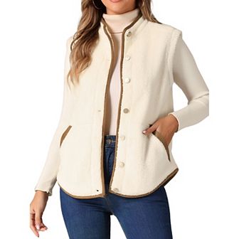 Womens Fleece Vest Soft Plush Outerwear With Pockets Buttons Sleeveless Fuzzy Jacket Vest
