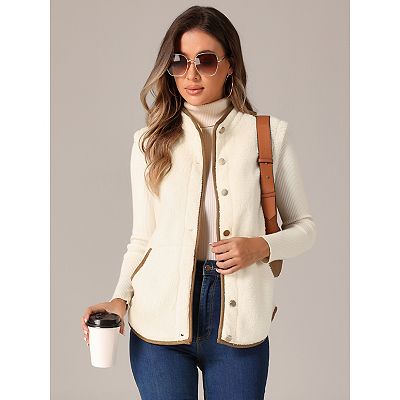 Womens Fleece Vest Soft Plush Outerwear With Pockets Buttons Sleeveless Fuzzy Jacket Vest