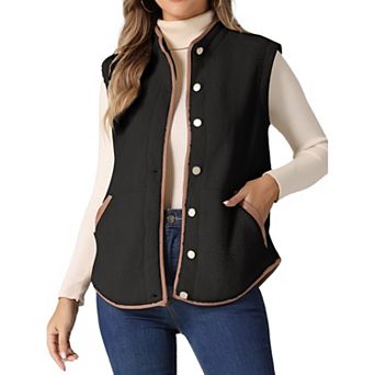 Womens Fleece Vest Soft Plush Outerwear with Pockets Buttons Sleeveless Fuzzy Jacket Vest