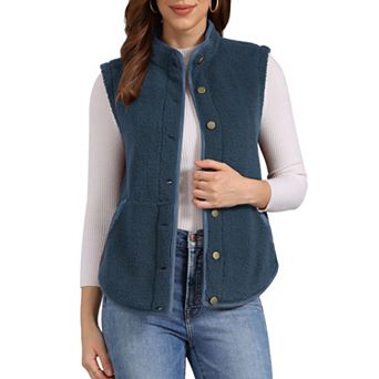 Womens Fleece Vest Soft Plush Outerwear with Pockets Buttons Sleeveless Fuzzy Jacket Vest