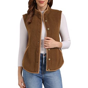 Womens Fleece Vest Soft Plush Outerwear with Pockets Buttons Sleeveless Fuzzy Jacket Vest