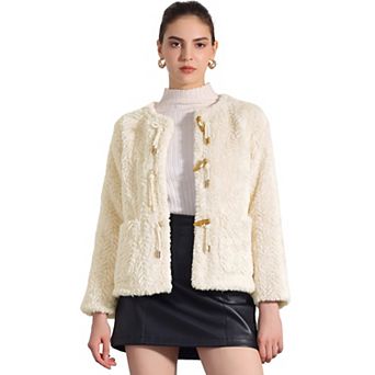 Women's Faux Fur Cropped Jackets Fluffy Toggle Short Coats