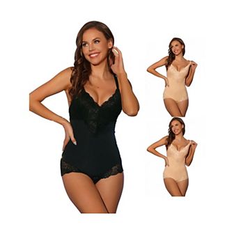3 Packs Women's Lace Shapewear Bodysuit Adjustable Straps Tummy Control Backless V Neck
