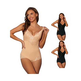 3 Packs Women's Lace Shapewear Bodysuit Adjustable Straps Tummy Control Backless V Neck