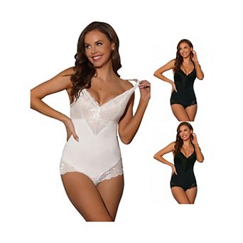 3 Packs Women's Lace Shapewear Bodysuit Adjustable Straps Tummy Control Backless V Neck