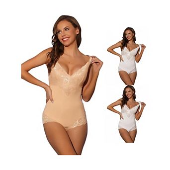 3 Packs Women's Lace Shapewear Bodysuit Adjustable Straps Tummy Control Backless V Neck