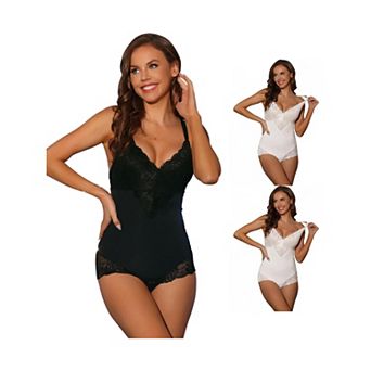 3 Packs Women's Lace Shapewear Bodysuit Adjustable Straps Tummy Control Backless V Neck