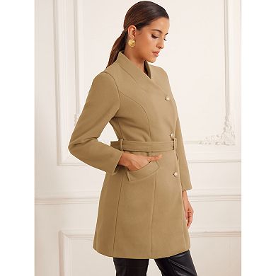 Elegant Outerwear Coats for Women's Stand Collar Long Sleeve Button Belt Winter Classic Long Coat