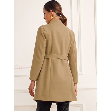 Elegant Outerwear Coats for Women's Stand Collar Long Sleeve Button Belt Winter Classic Long Coat