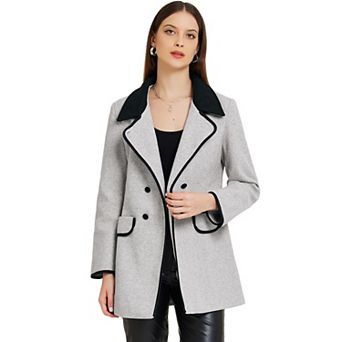 Women's Winter Overcoat Double Breasted Collared Pockets Color Contrast Long Sleeve Casual Pea Coat