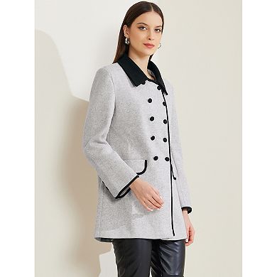 Women's Winter Overcoat Double Breasted Collared Pockets Color Contrast Long Sleeve Casual Pea Coat