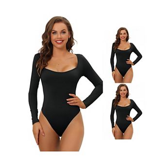 3 Packs Women's Long Sleeve Bodysuit Shapewear Slim Fit Stretchy Square Neck Leotards Jumpsuit Tops