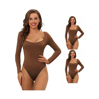 3 Packs Women's Long Sleeve Bodysuit Shapewear Slim Fit Stretchy Square Neck Leotards Jumpsuit Tops