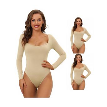 3 Packs Women's Long Sleeve Bodysuit Shapewear Slim Fit Stretchy Square Neck Leotards Jumpsuit Tops