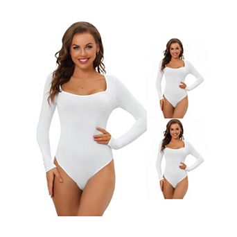 3 Packs Women's Long Sleeve Bodysuit Shapewear Slim Fit Stretchy Square Neck Leotards Jumpsuit Tops
