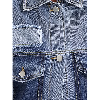 Denim Jackets For Women's Button Up Long Sleeve Bead Decor Trendy Trucker Jackets