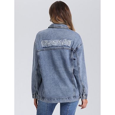 Denim Jackets For Women's Button Up Long Sleeve Bead Decor Trendy Trucker Jackets