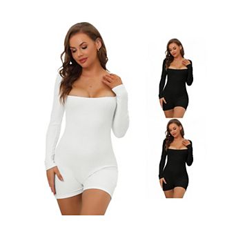 3 Packs Women's Square Neck Leotard Jumpsuit Shapewear Tummy Control Slim Long Sleeve Full Bodysuit