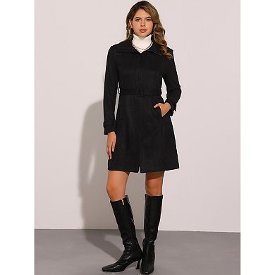 Faux Suede Coat For Women's Belted Long Zipper Jacket