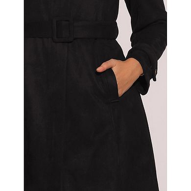 Faux Suede Coat For Women's Belted Long Zipper Jacket
