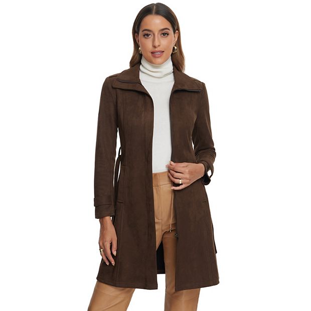Faux Suede Coat for Women's Belted Long Zipper Jacket
