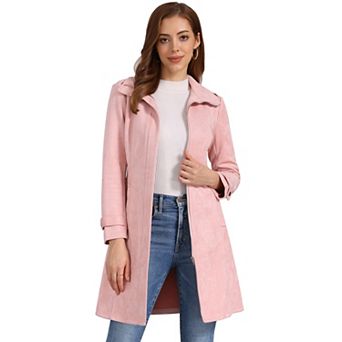 Faux Suede Coat for Women's Belted Long Zipper Jacket