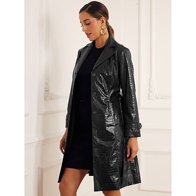 Faux Leather Coats For Women's Notch Collar Button Down Belted Winter Long Coat