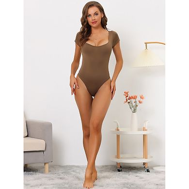 3 Packs Women's Square Neck Bodysuit Tummy Control Shapewear Thong Short Sleeve Leotards