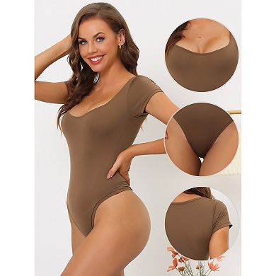 3 Packs Women's Square Neck Bodysuit Tummy Control Shapewear Thong Short Sleeve Leotards