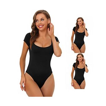 3 Packs Women's Square Neck Bodysuit Tummy Control Shapewear Thong Short Sleeve Leotards