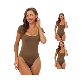 3 Packs Women's Square Neck Bodysuit Tummy Control Shapewear Thong Short Sleeve Leotards