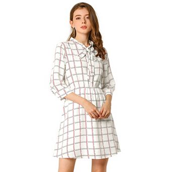 Women's Plaid Tie Neck Elastic Waist Contrast Color Short Dress