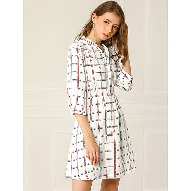 Women's Plaid Tie Neck Elastic Waist Contrast Color Short Dress