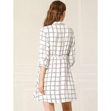 Women's Plaid Tie Neck Elastic Waist Contrast Color Short Dress