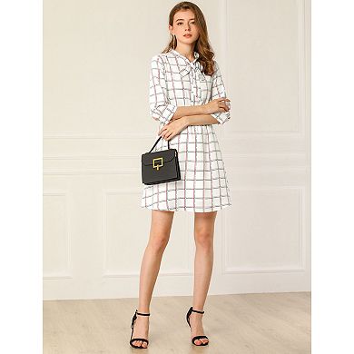 Women's Plaid Tie Neck Elastic Waist Contrast Color Short Dress
