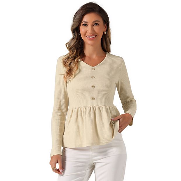Womens Waffle Knit Shirt Button Down Oversized Blouse Long