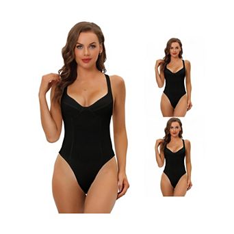 3 Packs Women's Deep V-neck Tummy Control Full Leotard Jumpsuits