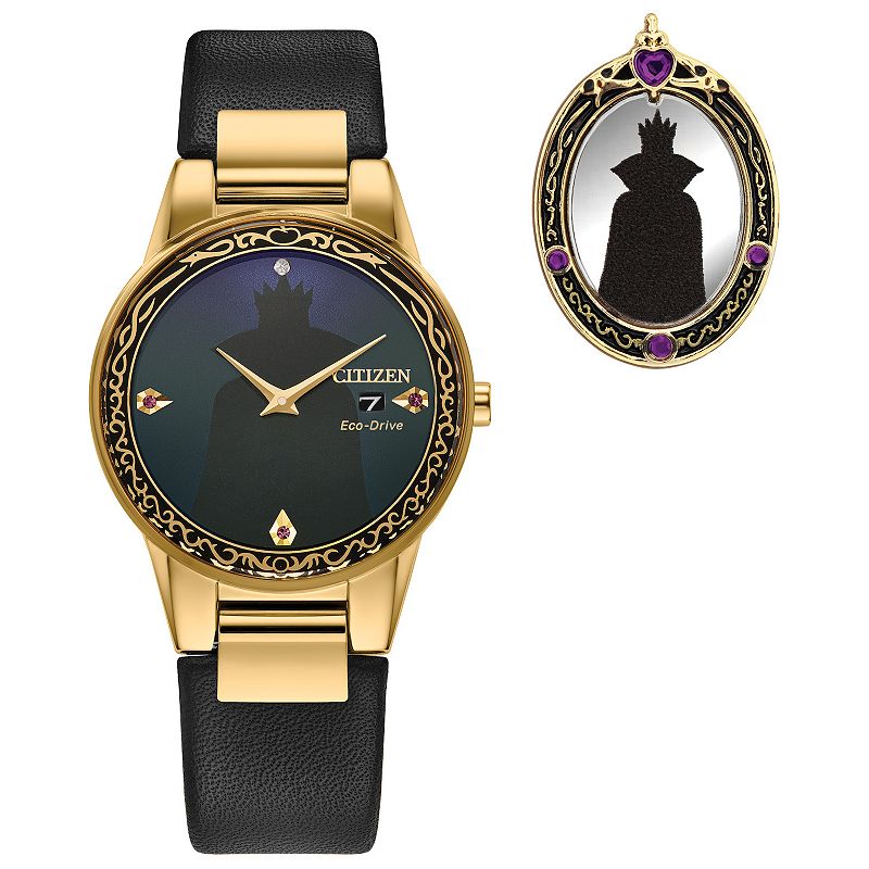 Disney's Villians Evil Queen Citizen Women's Eco-Drive Gold Tone Stainless Steel Black Leather Strap Watch & Pin Box Set, Size: 30MM