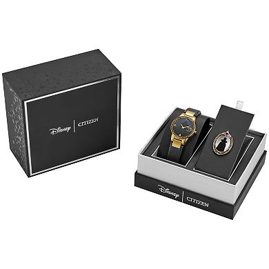 Disney's Villians Evil Queen Citizen Women's Eco-Drive Gold Tone Stainless Steel Black Leather Strap Watch & Pin Box Set