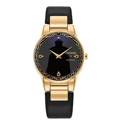 Disney's Villians Evil Queen Citizen Women's Eco-Drive Gold Tone Stainless Steel Black Leather Strap Watch & Pin Box Set