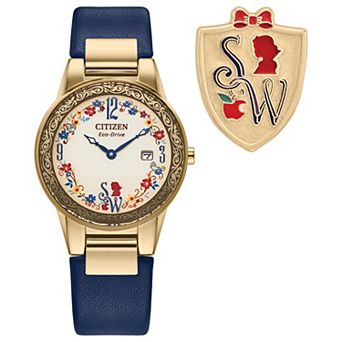 Disney's Snow White Citizen Women's Eco-Drive Gold Tone Stainless Steel Blue Leather Strap Watch & Pin Box Set