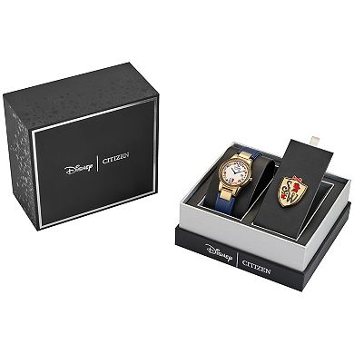 Disney's Snow White Citizen Women's Eco-Drive Gold Tone Stainless Steel Blue Leather Strap Watch & Pin Box Set