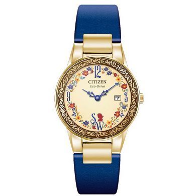 Disney's Snow White Citizen Women's Eco-Drive Gold Tone Stainless Steel Blue Leather Strap Watch & Pin Box Set