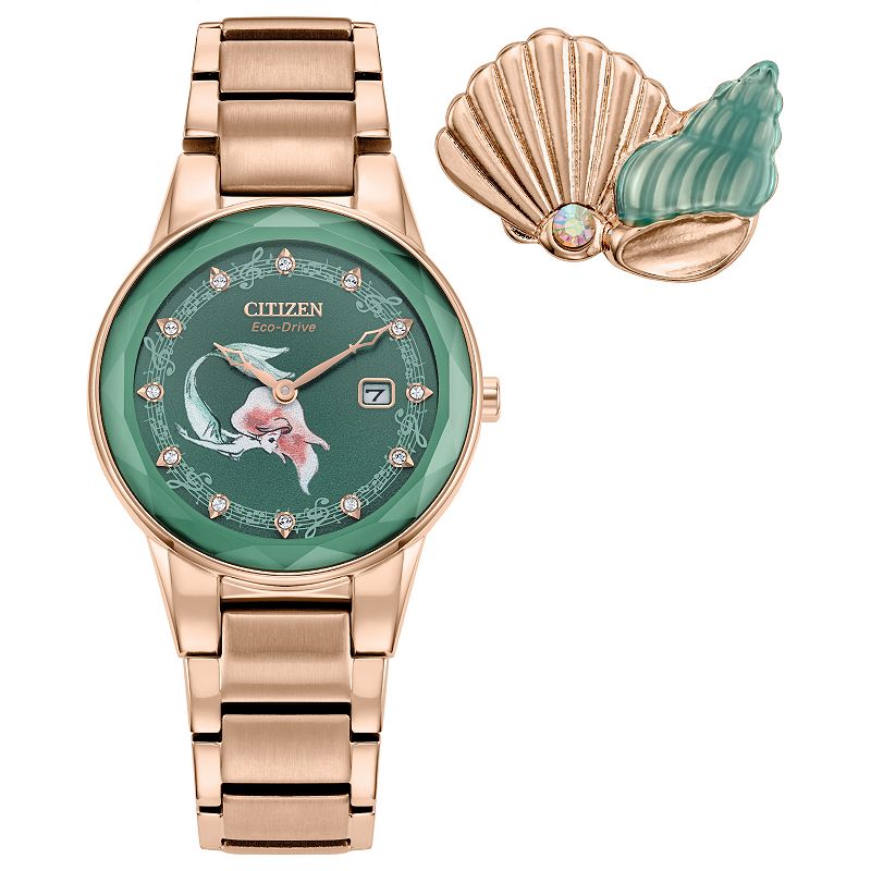 Disney's Ariel Citizen Women's Eco-Drive Rose Gold Tone Stainless Steel Crystal Accent Green Dial Bracelet Watch & Pin Box Set, Size: 30MM, Rosegold