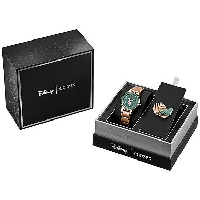 Disney's Ariel Citizen Women's Eco-Drive Rose Gold Tone Stainless Steel Crystal Accent Green Dial Bracelet Watch & Pin Box Set