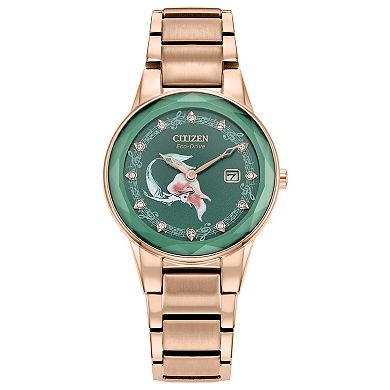 Disney's Ariel Citizen Women's Eco-Drive Rose Gold Tone Stainless Steel Crystal Accent Green Dial Bracelet Watch & Pin Box Set
