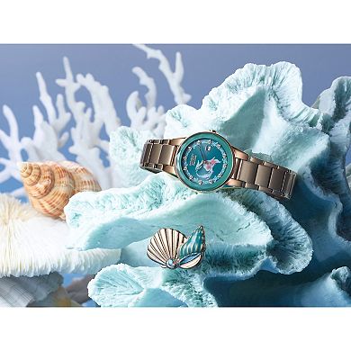 Disney's Ariel Citizen Women's Eco-Drive Rose Gold Tone Stainless Steel Crystal Accent Green Dial Bracelet Watch & Pin Box Set